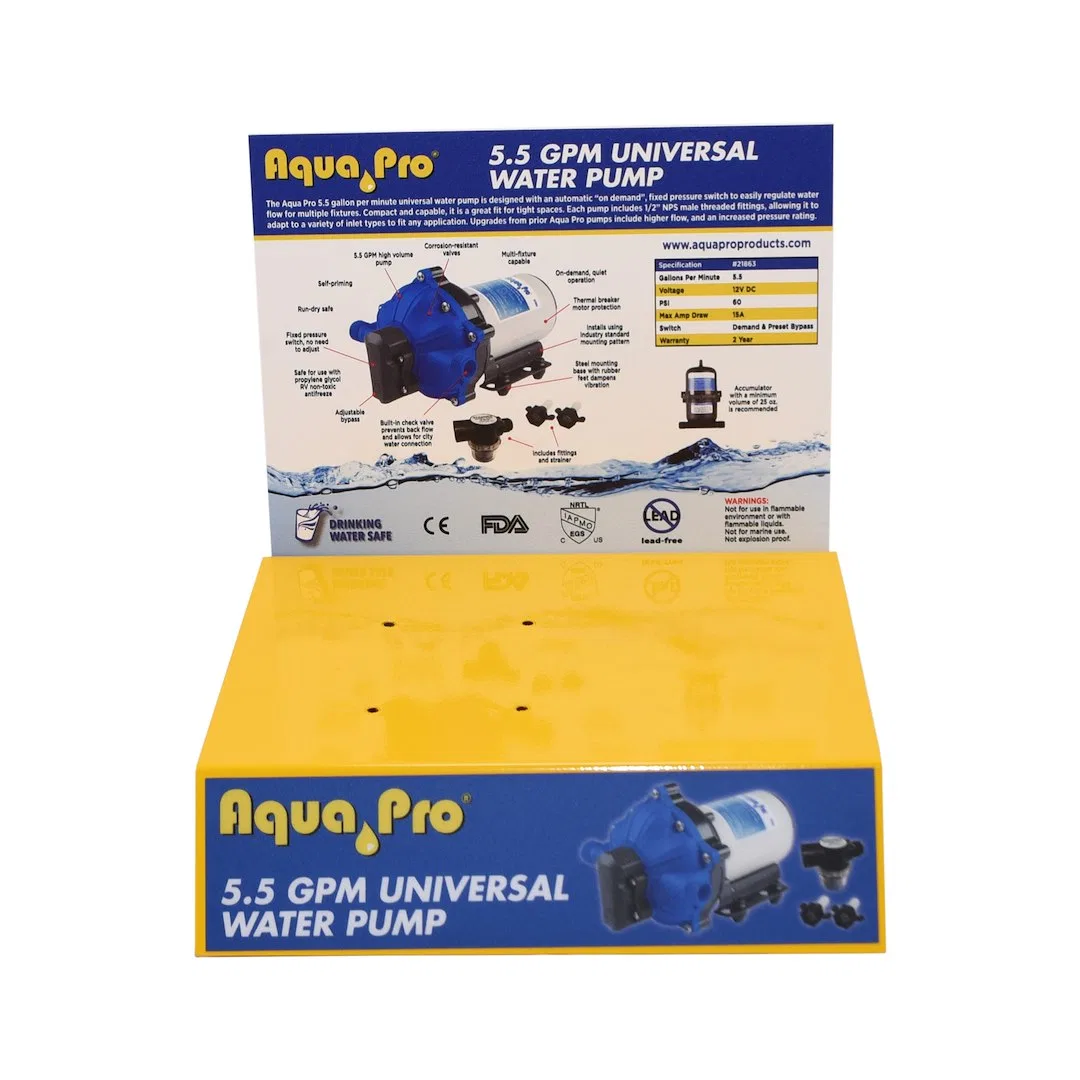 55GPUMPDSP – AQUA PRO Point Of Purchase Display, Yellow Painted Countertop 5.5 GPM Pump Display Stand Shelf 10 Inch L...